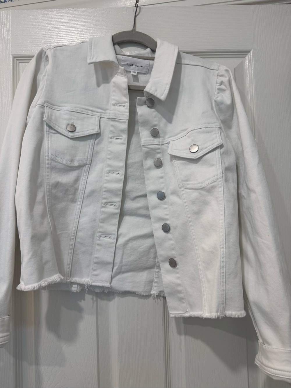 Dear John White Cropped Denim Jacket with Frayed Hem